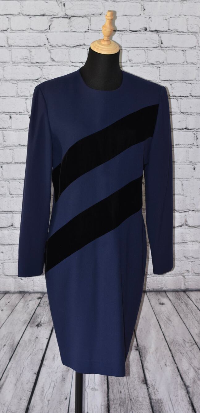 Vintage Arnold SCAASI Haute Couture Blue Wool Crepe Dress Black Velvet Size 10